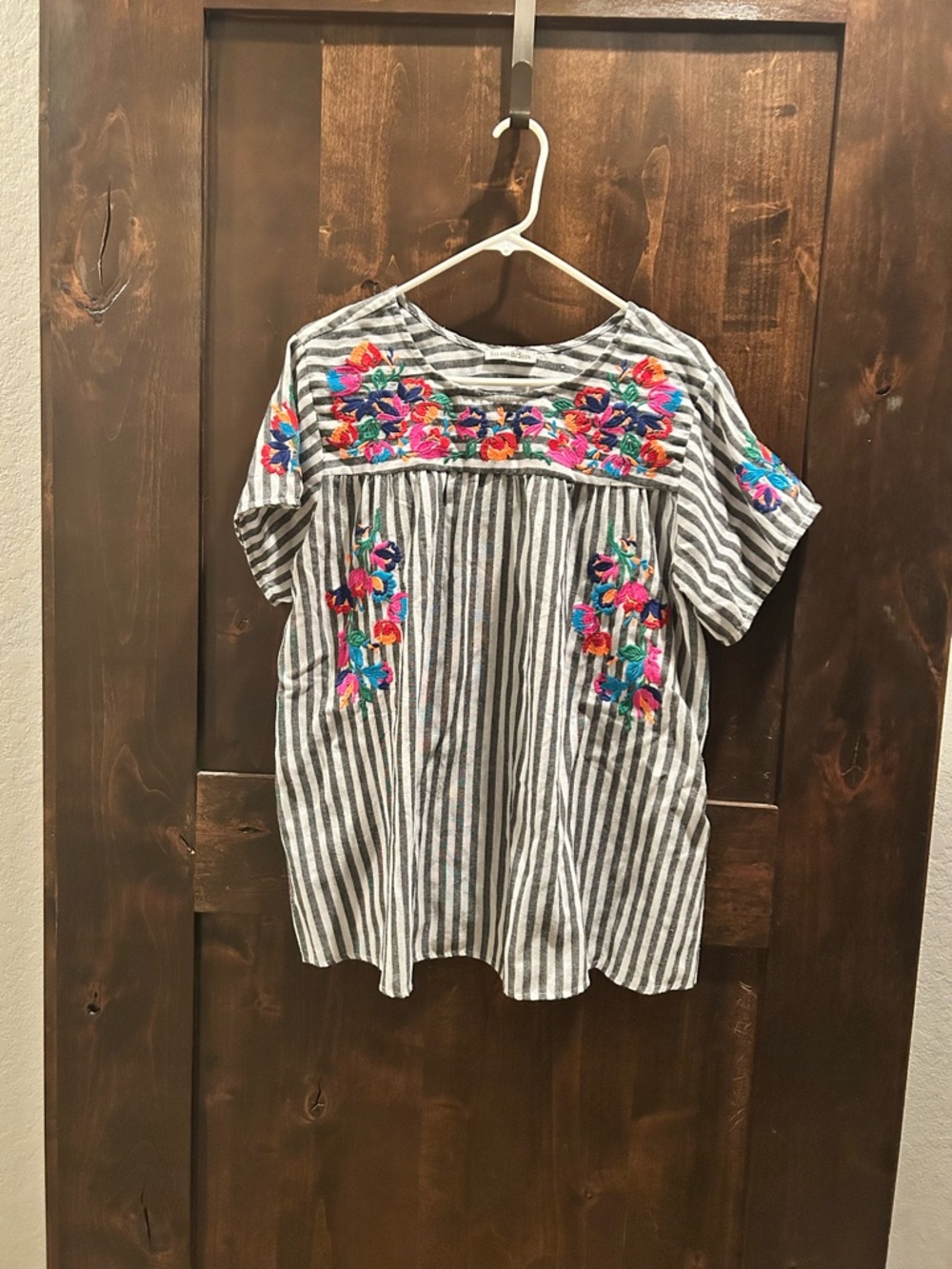 Striped Embroidered Peasant Tunic in Gray & White with Multicolor Floral Accents